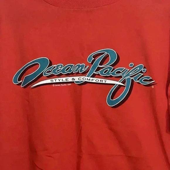 Vintage 90s Men's XL Red Ocean Pacific Graphic Design Surfing Short Sleeve Shirt - Picture 2 of 7